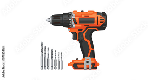An orange cordless power drill with a textured black grip stands alongside a small array of steel drill bits against a stark white studio background area.