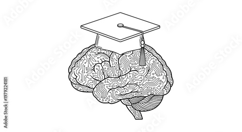 A stylized brain composed of circuitry topped with a graduation cap