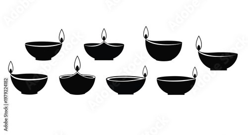 Eight black oil lamps arranged in rows a striking silhouette