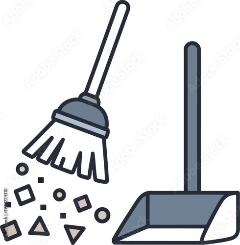 Broom sweeping debris into a dustpan icon for cleaning services and household chores