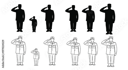 Silhouettes of soldiers saluting in uniform a display of military respect