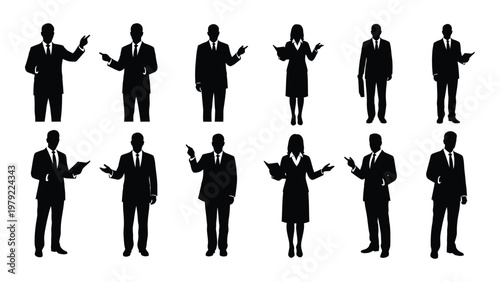 A group of twelve silhouetted business professionals are depicted gesturing and holding documents in a formal setting high quality professional detailed