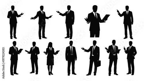 A collection of silhouette figures depicting diverse business people in various professional poses and attire high quality detailed modern elegant stylish