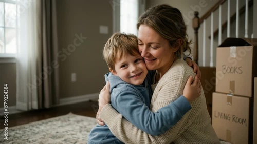 A mother hugs her son with joy in a living room full of boxes. They smile happily together