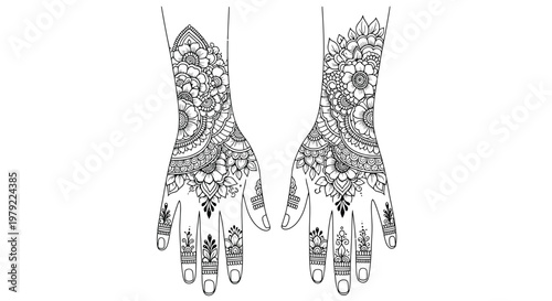 Intricate henna designs adorn both hands showcasing floral and geometric patterns