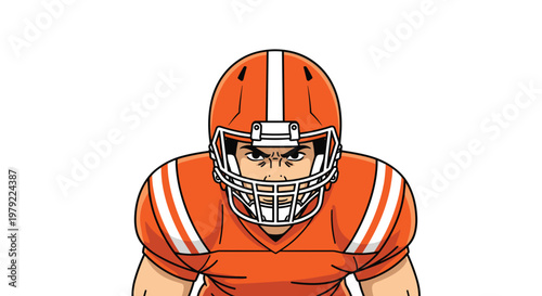 A close-up portrait of a football player in a bright orange uniform and helmet stares forward with a determined look for a bold and energetic sports poster.