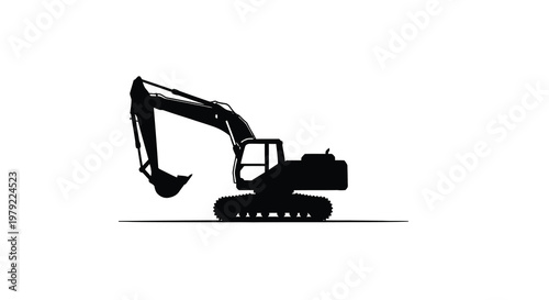 Black silhouette of an excavator construction machine on a white background