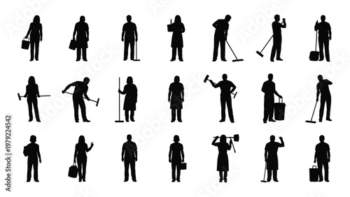 A collection of black silhouette figures depicting people performing various cleaning tasks with equipment like buckets and mops high quality professional