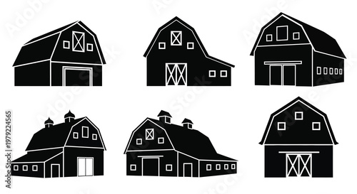 A collection of black barn silhouettes representing rural architecture