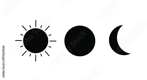 Phases of the moon and sun depicted as a dark silhouette