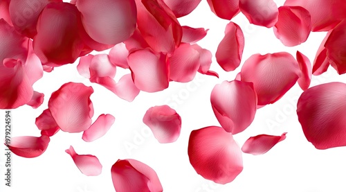 Delicate pink petals gently fall against a stark white background