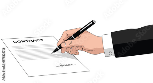 Business professional in a dark tailored suit sleeve signs a formal contract document with a black ink pen against a clean and minimalist white backdrop.