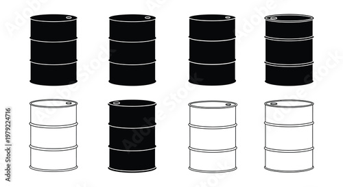 A collection of black and white oil drums stacked in rows