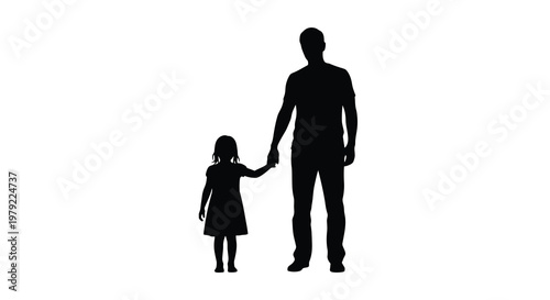Silhouette of a father and daughter walking hand in hand against a white background