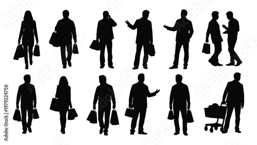 A collection of black silhouettes depicts diverse people shopping many carrying bags and some with carts high quality professional detailed modern