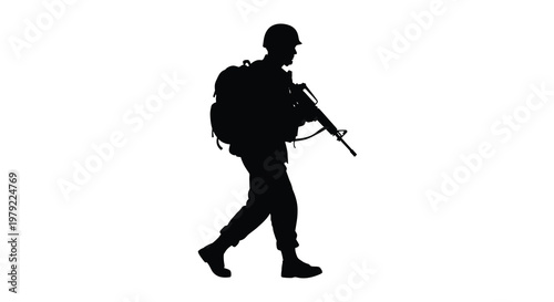 Soldier walking with a rifle and backpack stark black silhouette