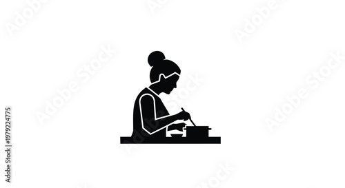 Silhouette of a woman cooking over a pot on a stove