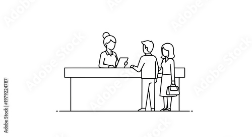 Line drawing of a receptionist assisting two customers at a desk