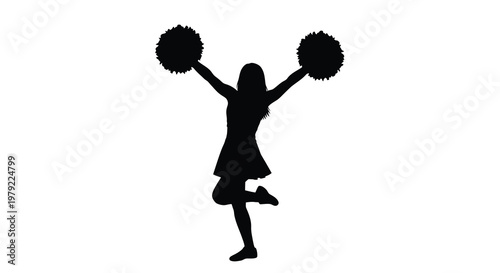 A dynamic cheerleader raises pom poms in a striking pose silhouette