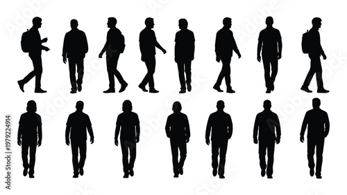 A collection of diverse black silhouettes depicting people walking in various casual poses facing different directions high quality professional detailed modern