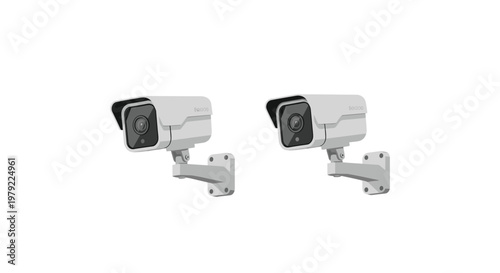 Two identical white security surveillance cameras are mounted on a plain light wall to provide comprehensive monitoring for a modern commercial facility area.