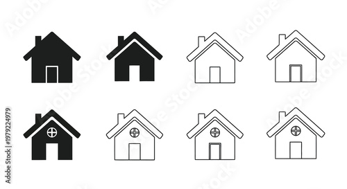 Variations of house icons in black and white displayed in a grid format