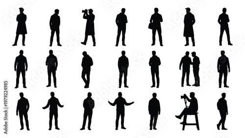 A collection of twenty five black silhouettes depicting people in various poses and clothing isolated on a white background high quality