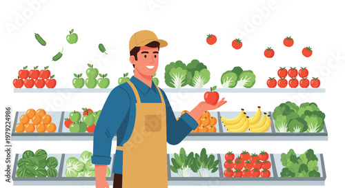 Smiling grocery clerk wearing a tan apron holds a fresh red apple in front of organized shelves filled with colorful fruits and vegetables for sale today.