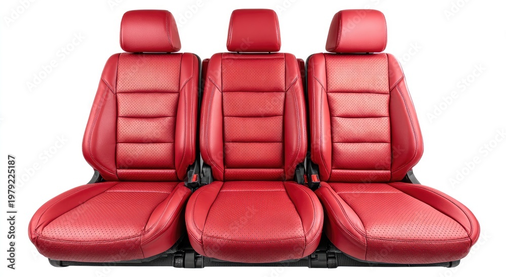 Fototapeta premium Three luxurious red leather car seats with quilted stitching and perforated accents