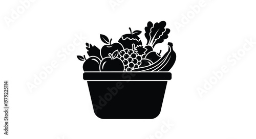 A black silhouette of a basket filled with various fruits and vegetables