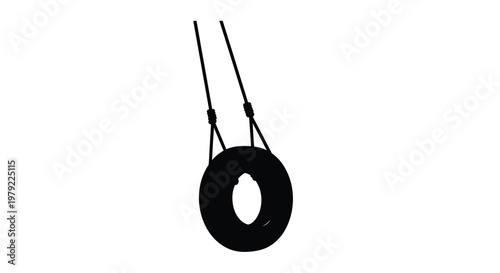 A black tire swing hangs from ropes presented as a silhouette