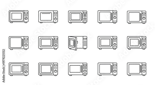 Collection of microwave oven icons in varying styles and perspectives