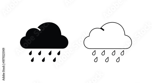 Black and white illustration of a rainy cloud with two distinct styles