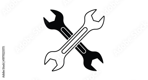 Two crossed wrenches in a black and white graphic illustration