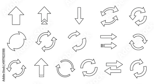 Collection of various linear arrow and circular flow icons on white