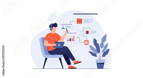 Man working remotely with laptop and headphones, analyzing data and charts.