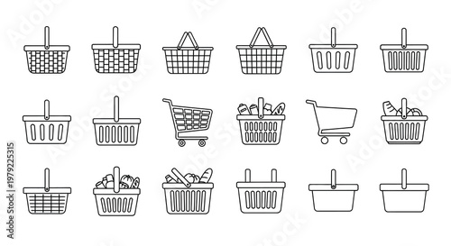 Collection of line art shopping baskets and carts in various styles
