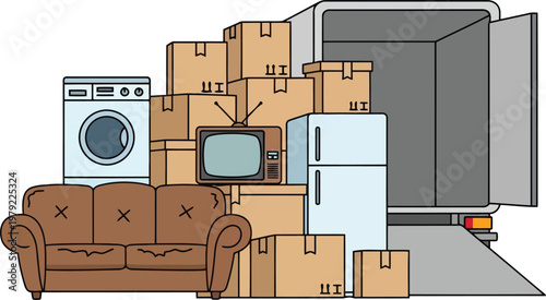 Full home relocation service with moving truck, cardboard boxes, sofa, and household appliances, professional furniture delivery concept, flat vector illustration