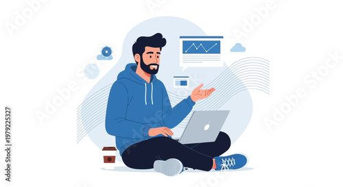 Man Working Remotely on Laptop, Casual Freelancer Lifestyle, Business Analytics