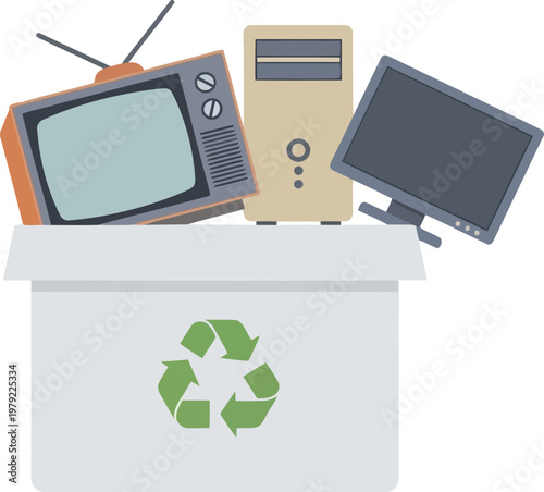 E-waste recycling bin with old television computer and monitor for electronic waste management and environmental sustainability, flat vector illustration