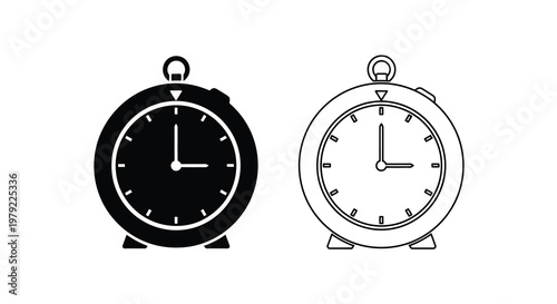 Two black and white illustrations of classic alarm clocks displaying different times