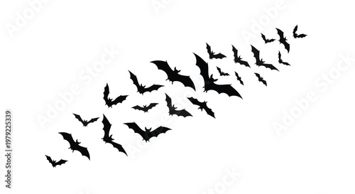 A swarm of bats flying in a diagonal formation silhouette
