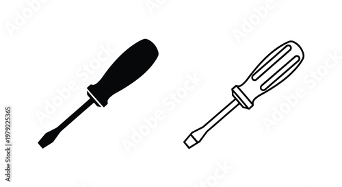 Two screwdrivers depicted in a simple black and white vector illustration