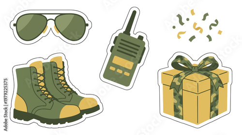 A collection of military-themed graphic elements including aviator sunglasses, combat boots, a walkie-talkie, a gift box with camouflage ribbon, and confetti.