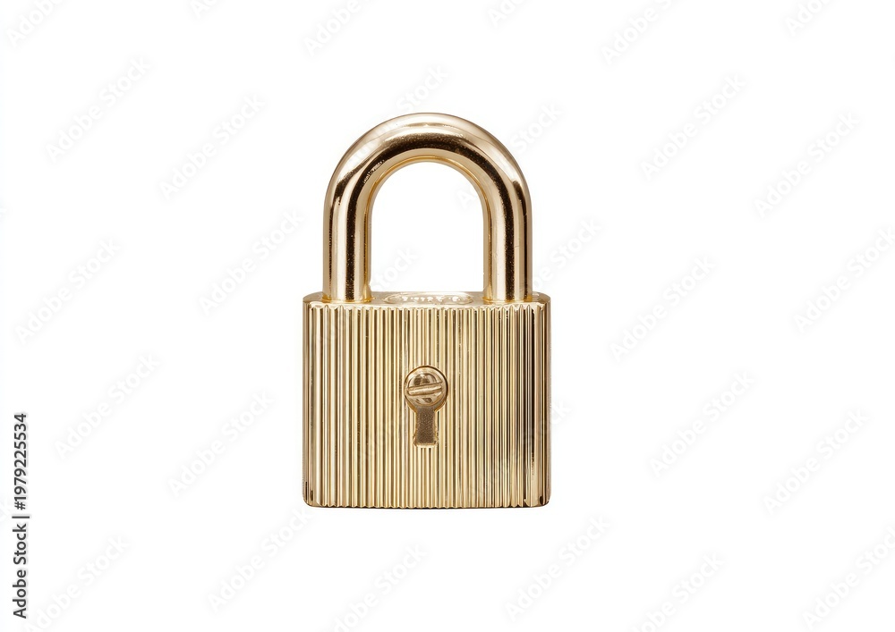 Naklejka premium Shiny brass padlock with ridged body and keyhole, isolated on white