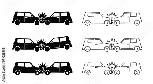 Illustrations of car crashes black and white depictions of vehicle collisions