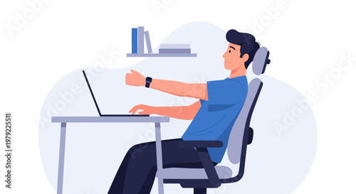 Man working on laptop with good posture, thumbs up, at desk with bookshelf