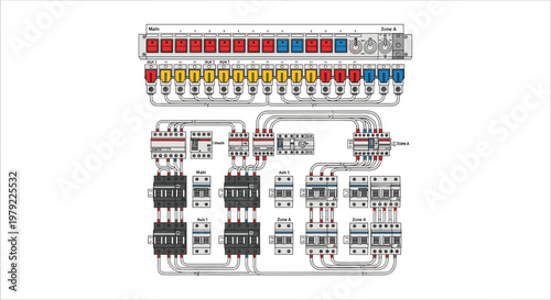 Technical schematic diagram illustrating a complex electrical distribution panel with vibrant wiring and labeled control modules for industrial power systems.