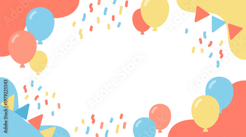 A festive and colorful background with balloons, confetti, and bunting flags for celebrations.