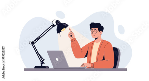 Man working on laptop under desk lamp, pointing finger, idea concept